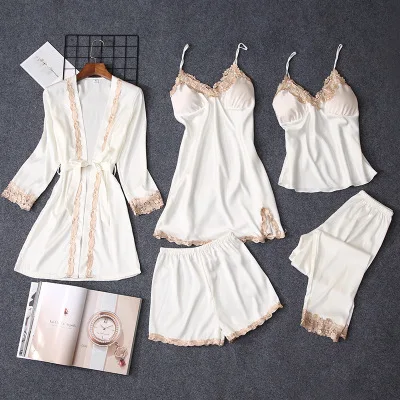 Женский пижамный комплект из 5 предметов, Шелковый Ночной костюм, сексуальное женское белье, кружевное ночное белье, атласная пижама Mujer Loungewear, Женская пижама с нагрудной накладкой - Цвет: White