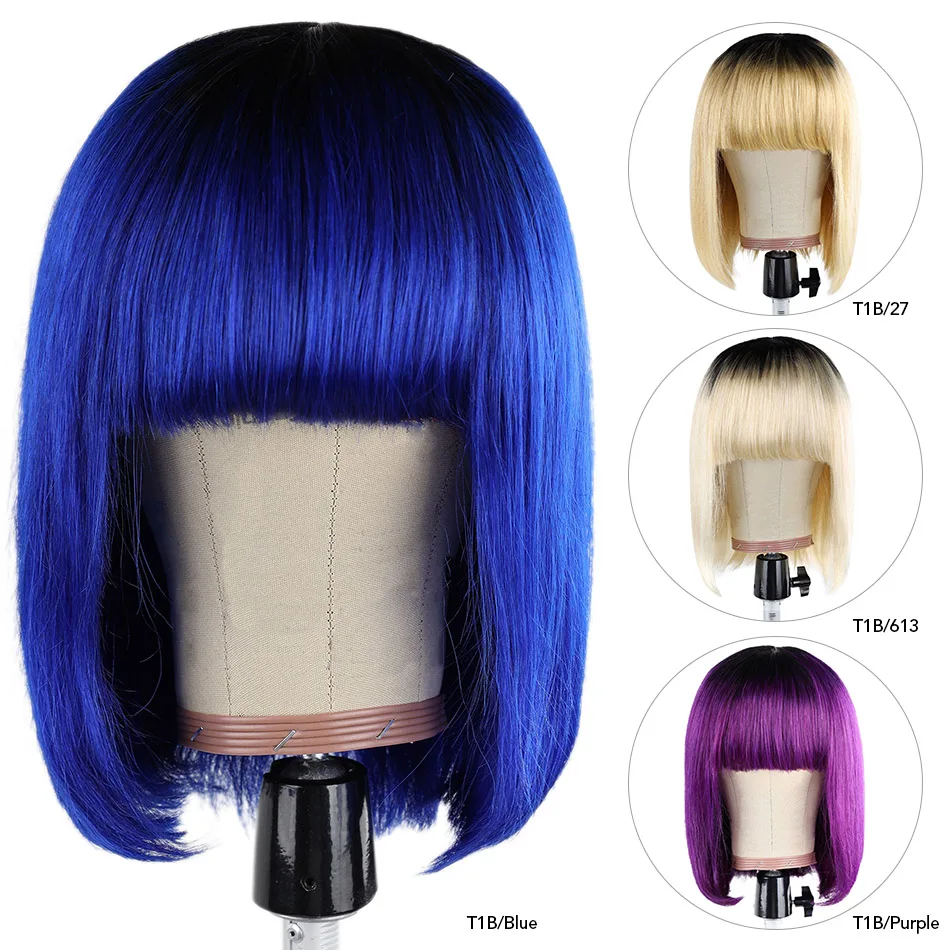 Human hair wigs with bangs 100% natural Brazilian Remy straight short bobo hair wig with fringe