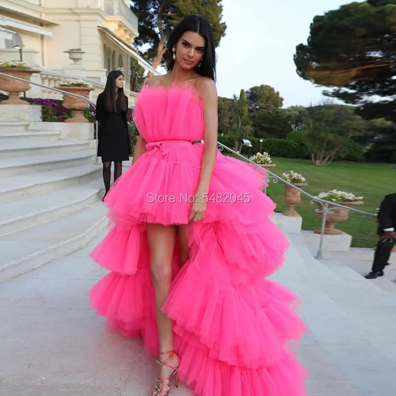 LORIE High Low Prom Dresses Strapless A-Line Tulle Red Tiered Short Front Long Back Girl Evening Party Gown for Graduation