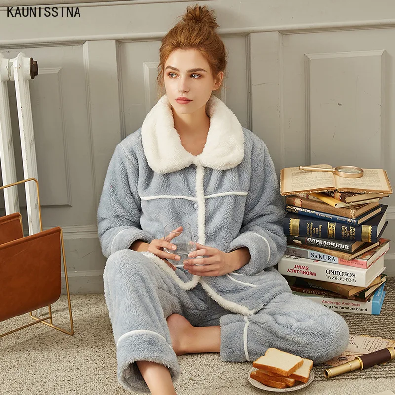 

Warm Flannel Pajamas for Women Winter Sleepwear Thicken Velvet Female Pyjamas Suit Loungewear 2pcs Home Nightwear Sets