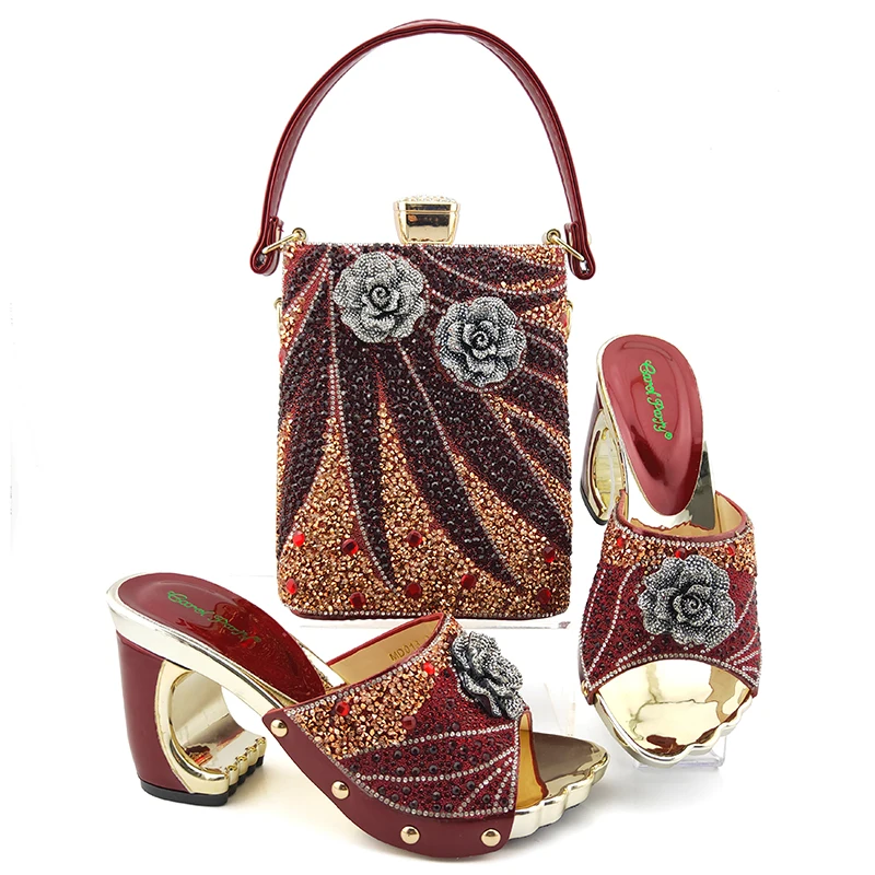 

Elegant wine red shoes matching bag set for african aso ebi party 3.5 inches slippers shoes and bag set nigeria SB8467-8