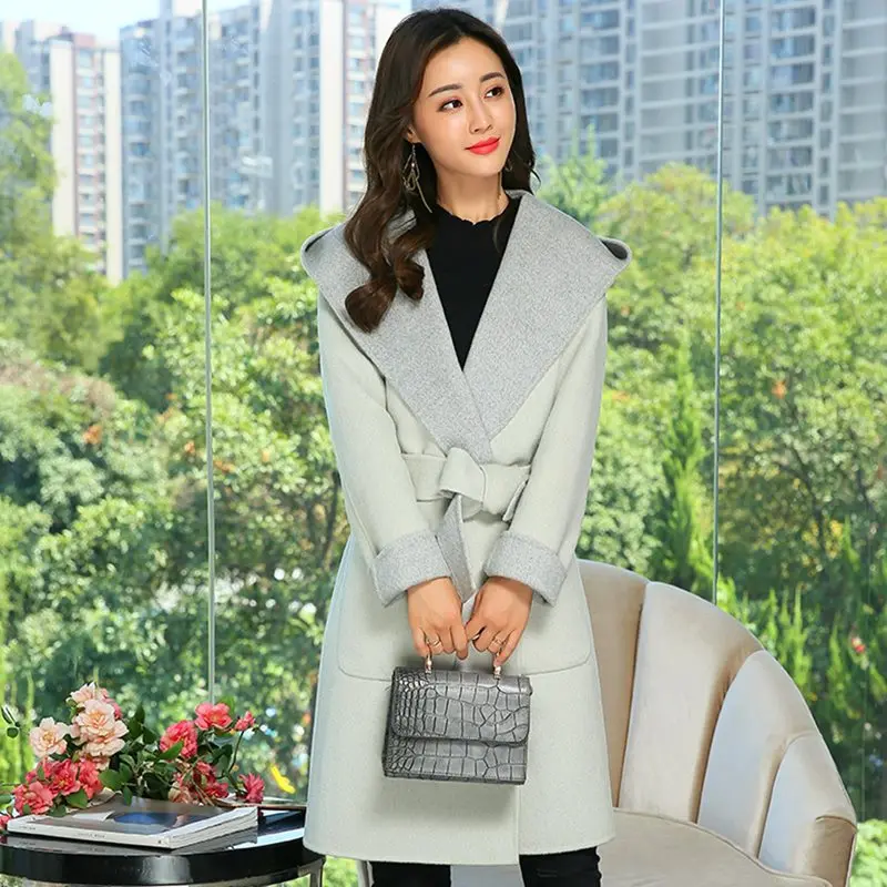 

2019 New Korean Autumn Winter Warm Windbreaker Woolen Coat Long Trench Solid Gray Female Elegant Harajuku Oversize Overcoat
