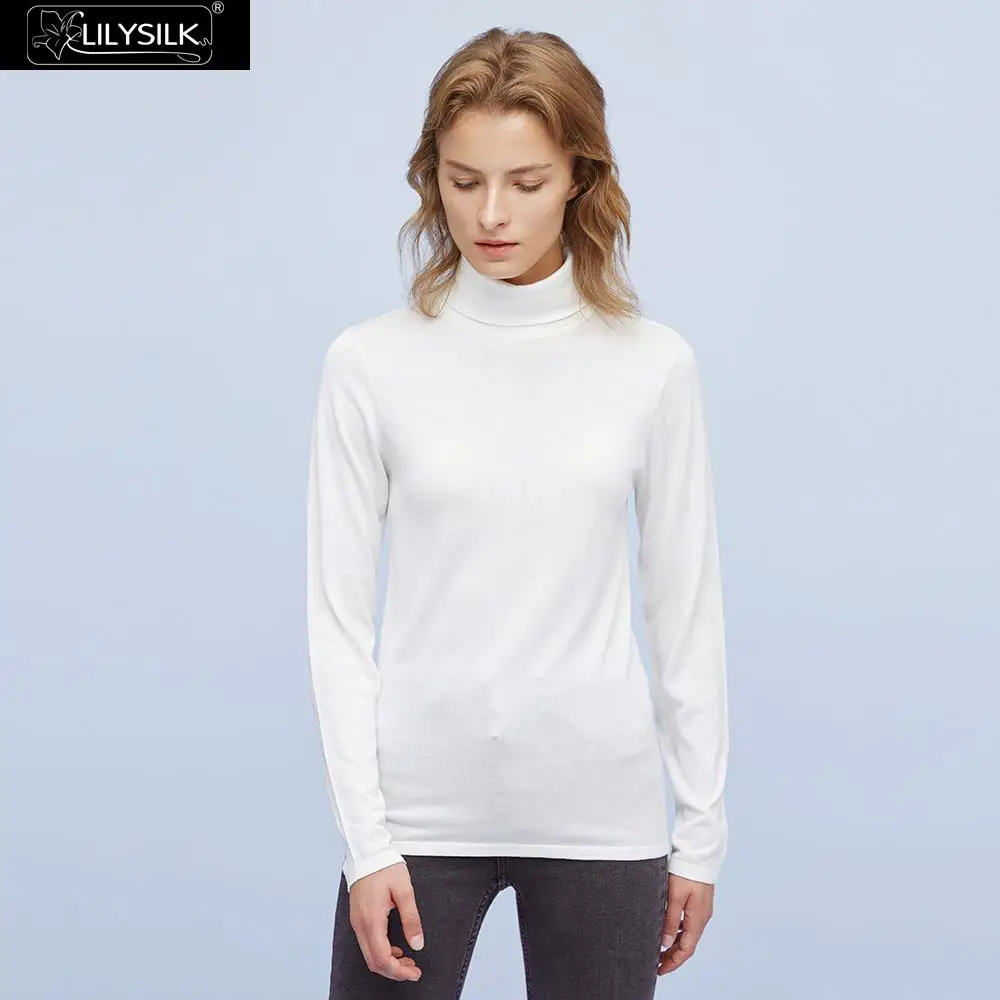 White LilySilk Шелковый вязаный Топ Элегантный черепаха шеи женщин - Цвет: White