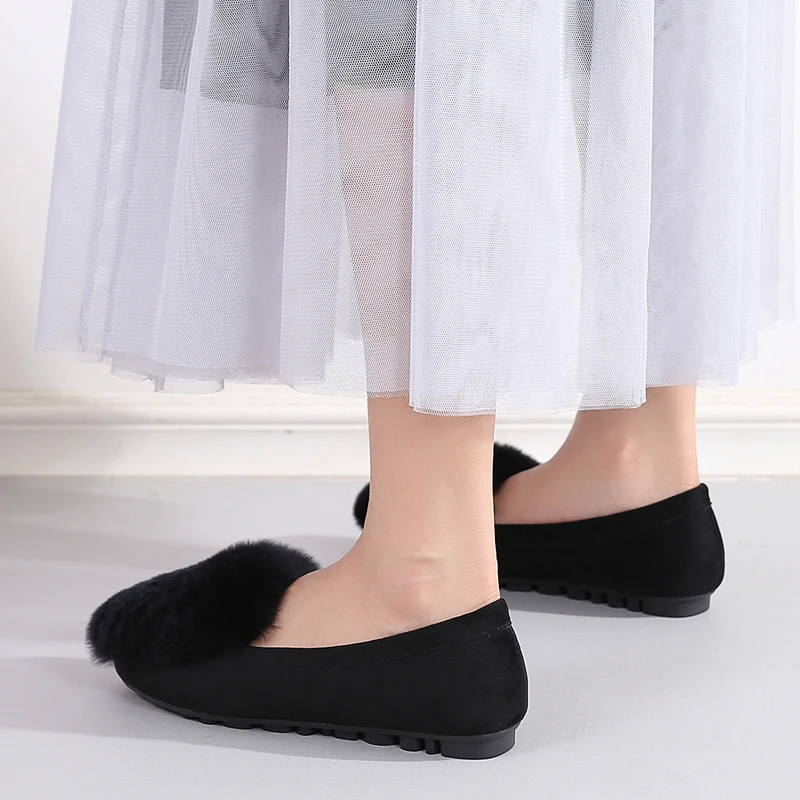 Winter Shoes Woman Flats Rabbit Fluffy Fur Faux Suede Leather Warm Loafers Soft Sole Roll Egg Peas Ballet Flat Mother Shoes