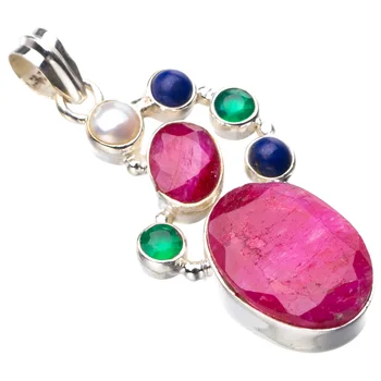 

StarGems Natural Cherry Ruby,Chrysoprase,Lapis Lazuli And River Pearl Handmade 925 Sterling Silver Pendant 1.75" D9358