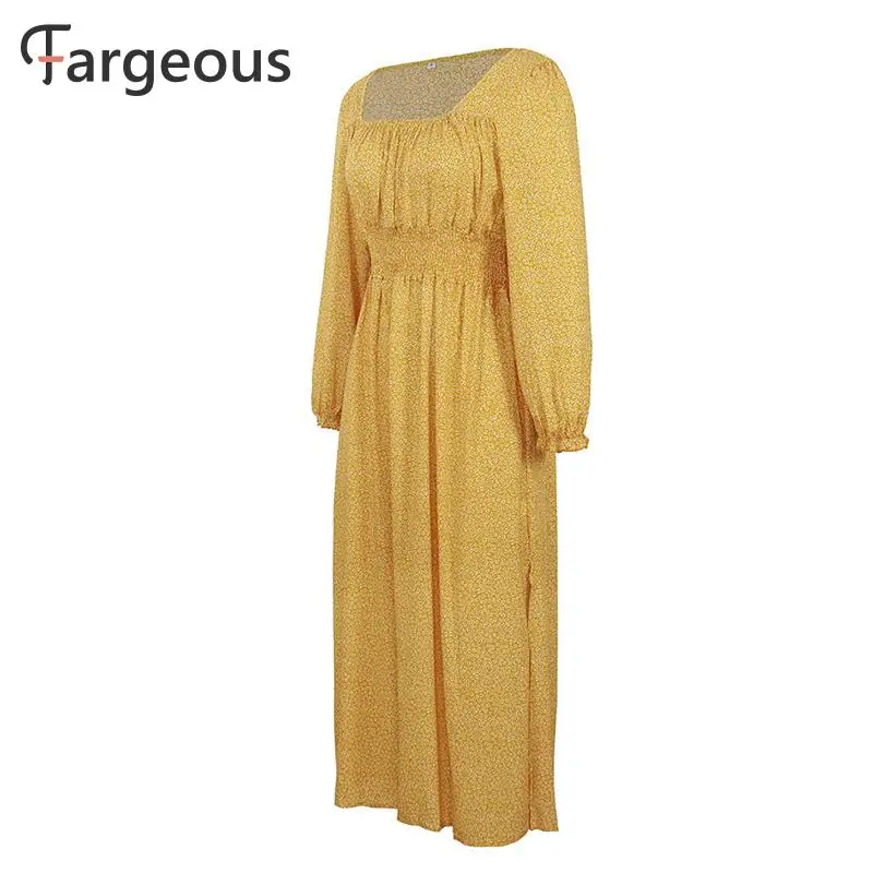 Fargeous винтажное платье макси с принтом в стиле бохо, женское осенне-зимнее длинное платье с цветочным рисунком,, элегантное праздничное платье с разрезом, Vestidos Femme