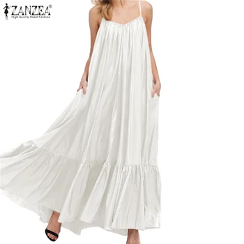 

Long Maxi Vestidos ZANZEA 2020 Summer Ruffles Dress for Women Sexy Backless Beach Casual Solid Pockets Dresses Tanks Sundress 7