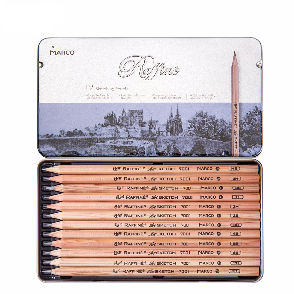 Marco 12Pcs/Box Wood Standard Pencil Set H HB 2H 3H 2B 3B 4B 5B 6B 7B