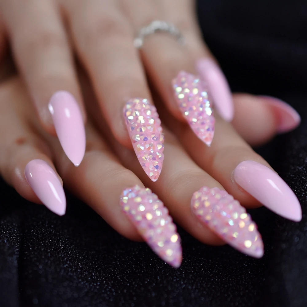 Long Pink Rhinestone 3D Fake Nail Tips Sparkling Stiletto Shiny Full Cover  False Nail Gorgeous Long Sharp Nail Tips