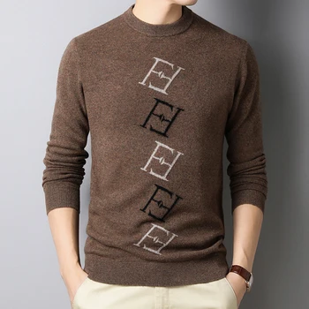 

100% Wool Men Knit Tops Sweater Pullover Basic O Neck for Autumn Winter Letters Fashion Casual BO20241231
