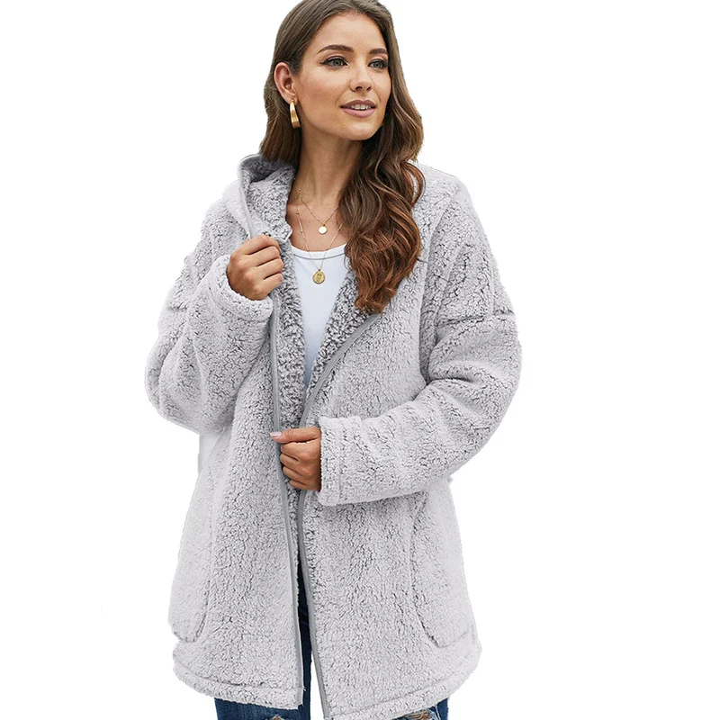 

Women Fur Coat Autumn Winter with Fur Trim Hooded Fahsion Open Stitch Slim Thick Warm Fur Teddy Jacket Plus Size Teddy Bear Coat