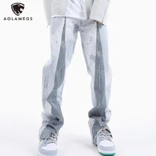 

Aolamegs Jeans Men Hip Hop Zipper Leather Patchwork Tie Dye Denim Pant Casual Harajuku Rock Hipster Loose Pant Unisex Streetwear
