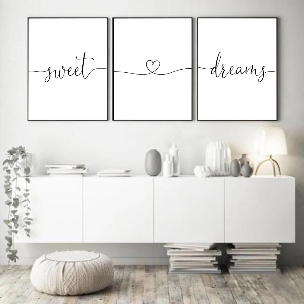 Minimalist-Black-and-White-Sweet-Dreams-Quotes-Heart-Love-Canvas-Painting-Nursery-Posters-Prints-Wall-Art