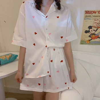 

Women Loving Heart Sweet Sleepwear Summer Turn-down Collar Faux Silk Satin Pajamas Set Homewear Short Sleeve Shorts Pijamas S093