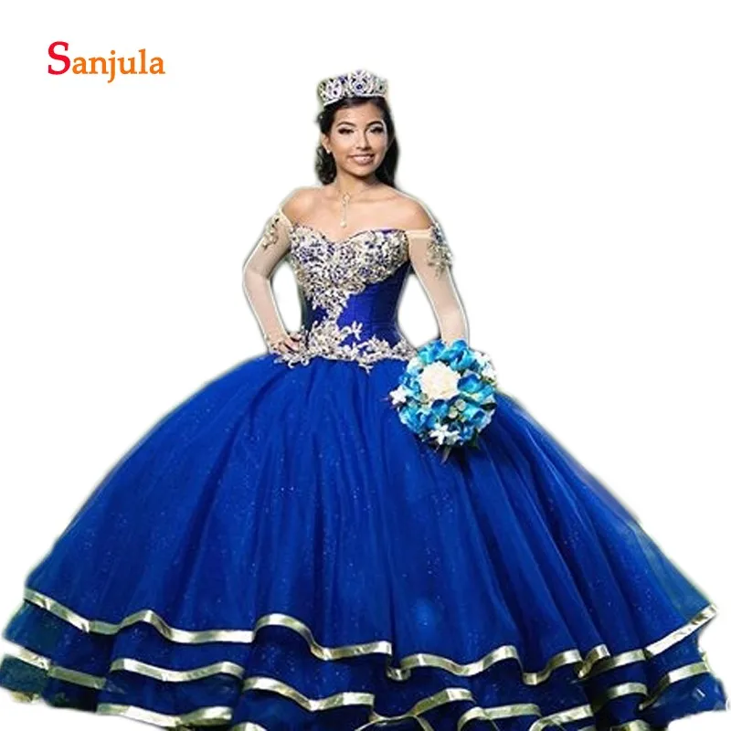 Ярко синий тюль бальное платье без бретелек Quinceanera с открытыми плечами сладкий 16