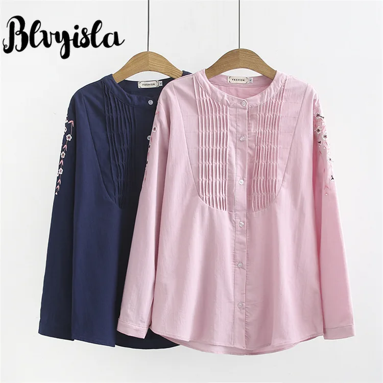 Blvyisla Large Embroidery Floral Shirts Female Oversize Chest Pleated Round Neck Shirts Blouse Tops Women Loose Plus Size