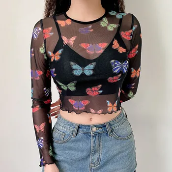 

2020 Sexy Women Long Sleeve Sheer Slim Ladies T-Shirt T Shirt See Through Transparent Mesh Tops Beach Club New Ladies t shirt