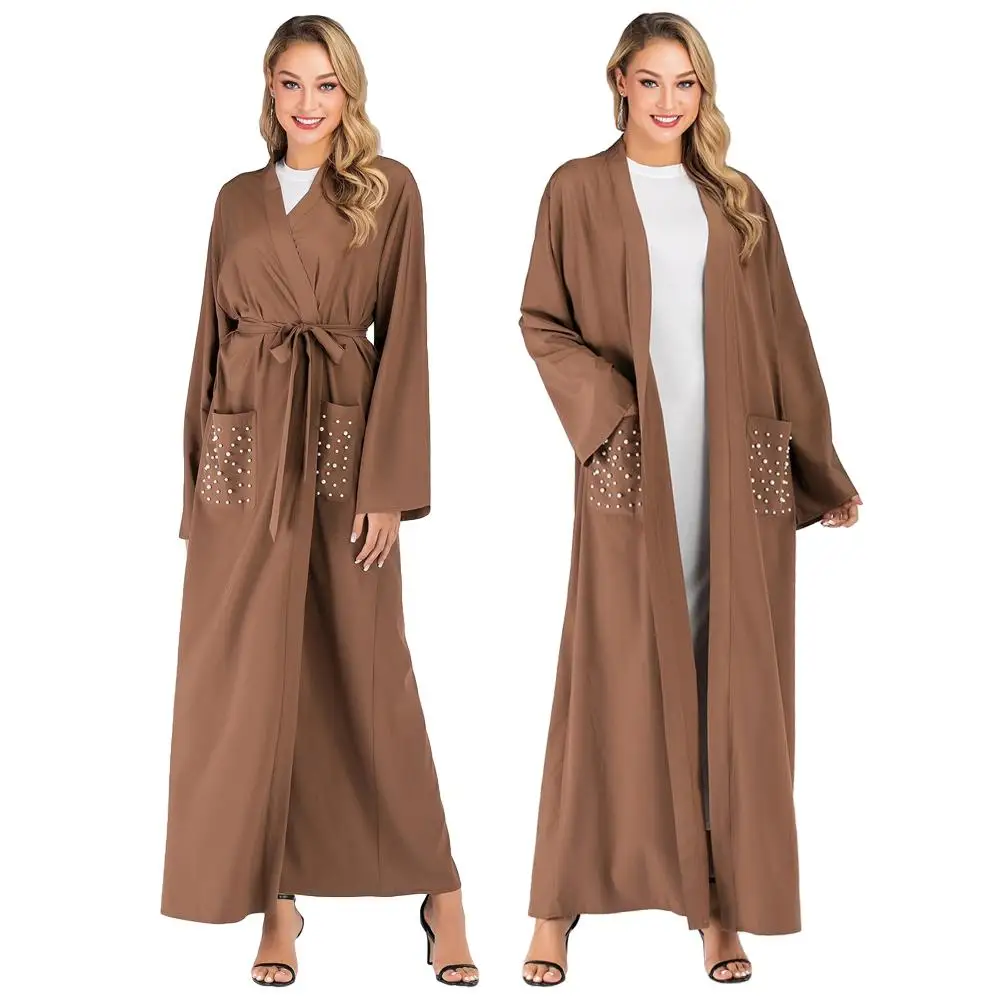 Dubai Muslim Abaya Women Open Cardigan Kimono Islamic Jilbab Kaftan Maxi Dresses Beading Pockets Arab Long Sleeve 2019 Autumn |