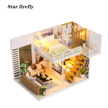 

Star firefly big size dollhouse Ins style Wooden doll house villa Miniature DIY dollhouse 1:12 Simple elegant urban villa toy