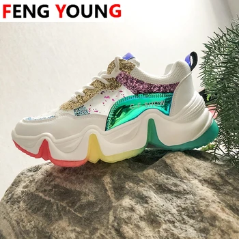 

Sneakers Lace Up Designers Women Chunky Platform Fashion 5cm High Heels Bling Casual Shoes Woman Vulcanized Shoes 2020 Summer