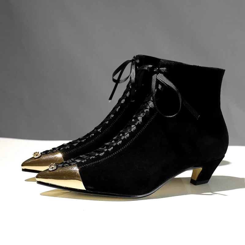 Xiuningyan Shoes Woman Hot Sale Kid Suede Pointed Metal Toe Mixed Color Butterfly-knot Med Heels European Designer Ankle Boots