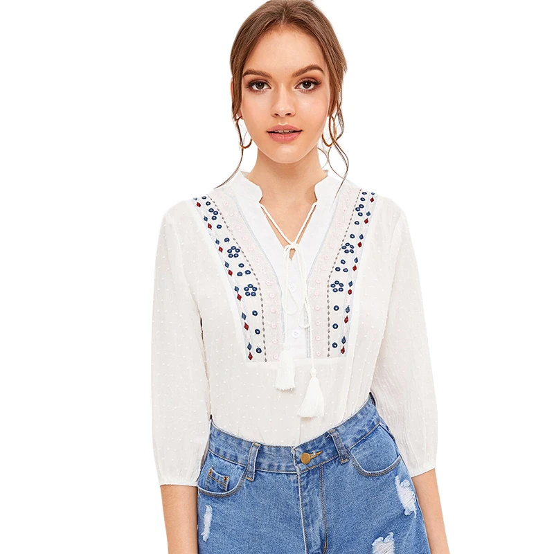 Dotfashion/белая блузка с v-образным вырезом и галстуком-бабочкой и вышивкой для женщин, летние блузы с рукавом 3/4