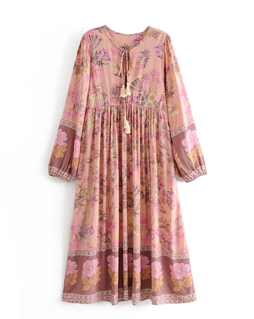 Everkaki Boho Цветочный принт женские макси платья свободные кисточки шеи завязываются с длинным рукавом в богемном стиле длинное платье женское осень новое