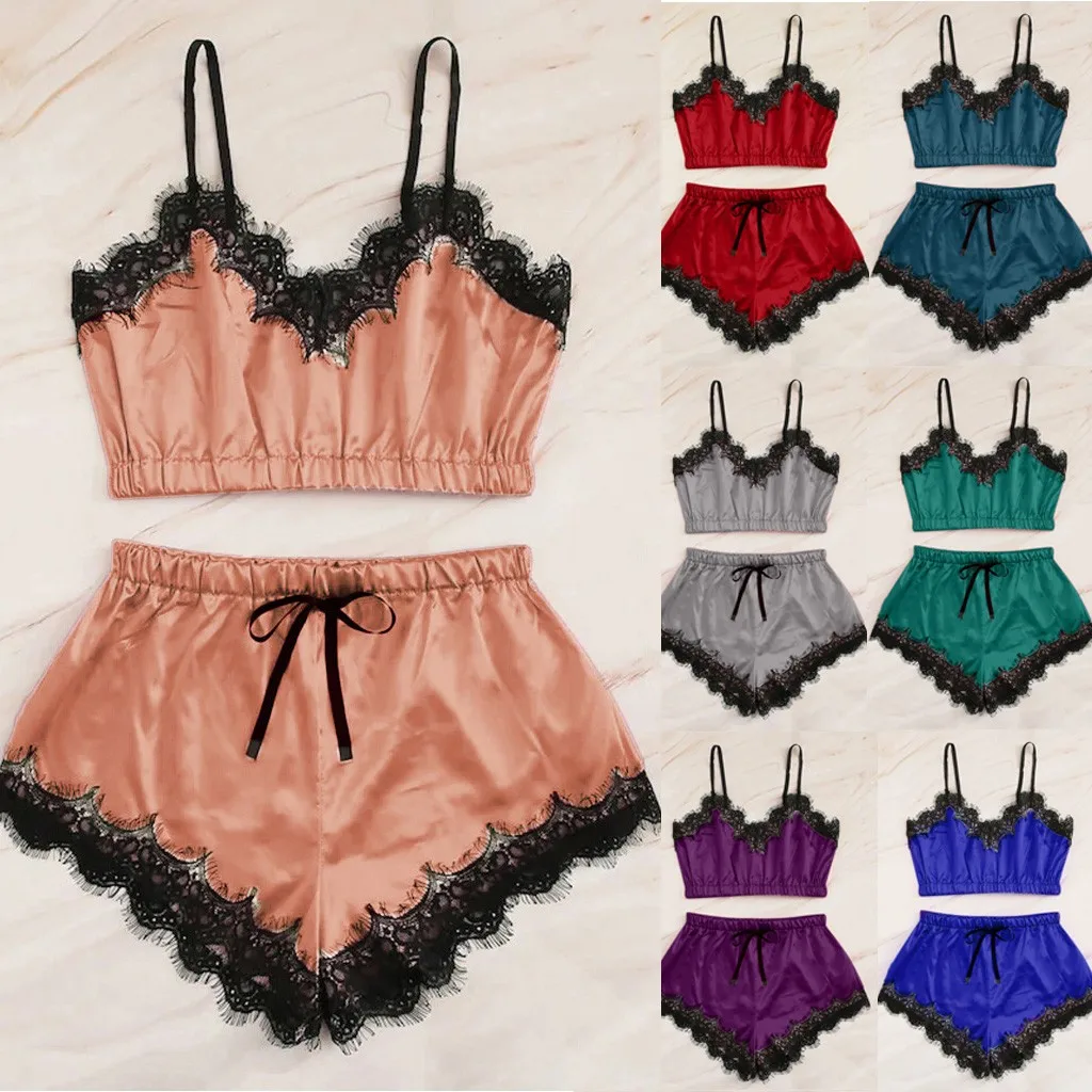 Sexy Lingerie Bra Set Women's Sleepwear Sleeveless Strap Lace Trim Satin Cami Tops Pajama Sets Bras Women Brief Sets Plus Size