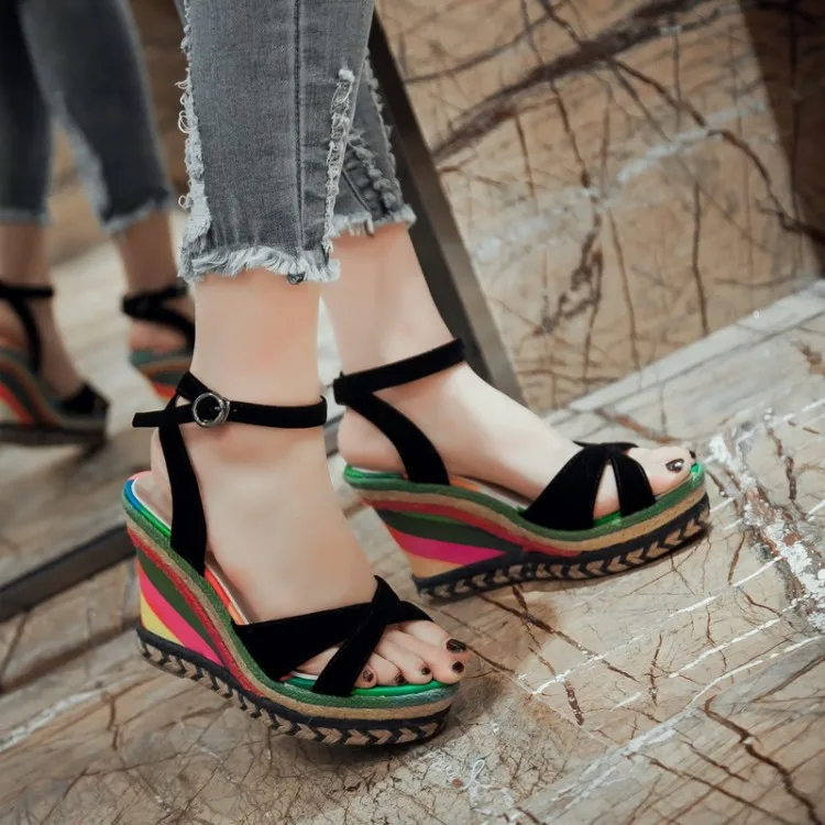 

US4-11 Womens Buckle Peep Toe Rainbow Colors Wedge Ankle Strap High Heels Sandals Shoes Chic Summer Plus Size C552