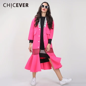 

CHICEVER Ruffles Mermaid Mesh Hollow Trench Coat Women Autumn Winter Long Sleeve Women's Windbreaker Black Overcoat Clothes