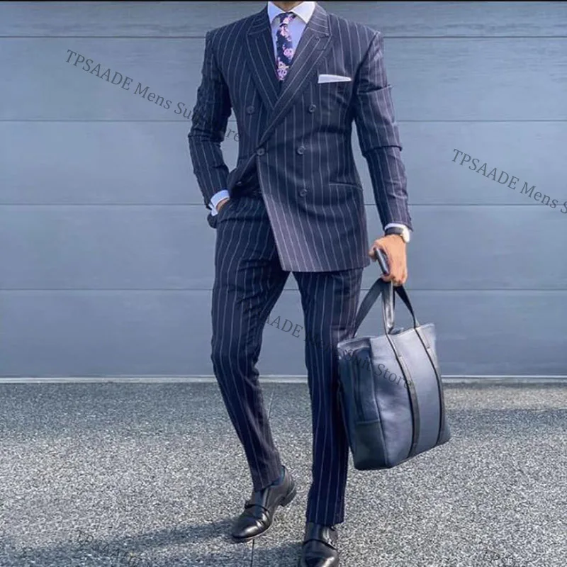 Abito da uomo formale doppiopetto gessato blu Navy giacca da uomo Slim Fit  giacca da cappotto Casual giacca da smoking con pantaloni|Suits| -  AliExpress