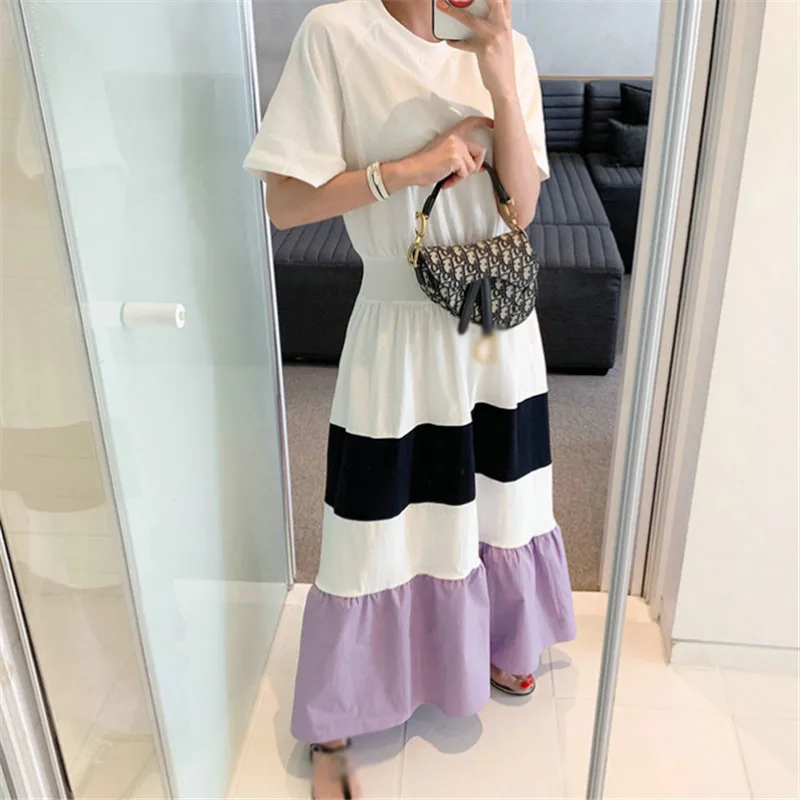 

Ins Korean Style Patchwork Summer Maxi Dress for Ladies Big Swing Short Sleeve Vintage Elegant Chic Female Sundresses 2020