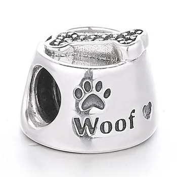 

Authentic 925 Sterling Silver Bead Charm Vintage Dog Bowl Meow With Crystal Bead Fit Pandora Bracelet Bangle DIY Jewelry