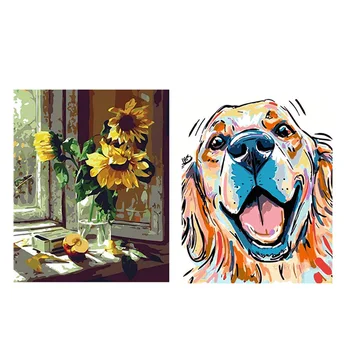 

Paint By Numbers DIY Acrylic Painting Kit for Kids & Adults 40X45cm Sunflower on the Table & Dog with 3 Brushes