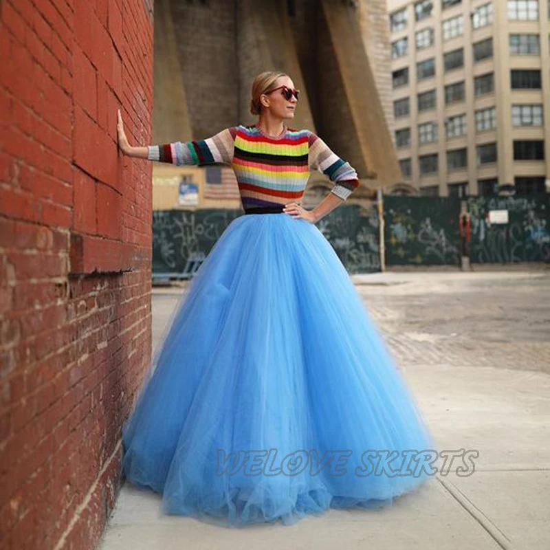 Sky Blue Ball Gown Evening Tulle Skirt Floor Length Zipper Back A-Line Women Skirts Custom Made Formal Party Wear