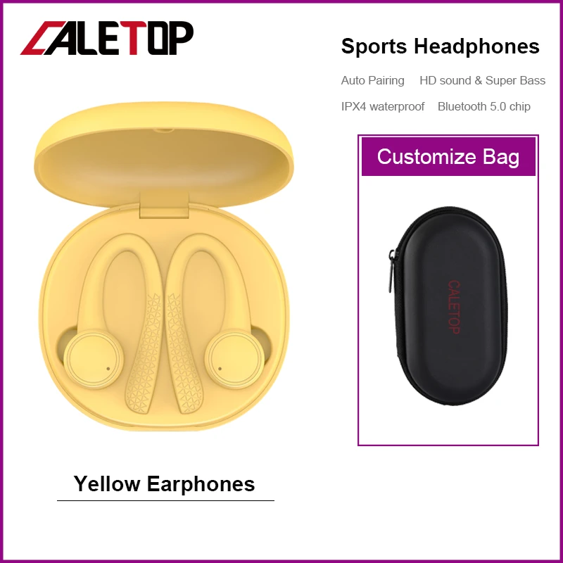 yellow with case True Wireless Sports Earphones Bluetooth Earbuds Running Headsets For Xiaomi For Huawei Earphones with Microphone Ear Hook - Цвет: yellow with case