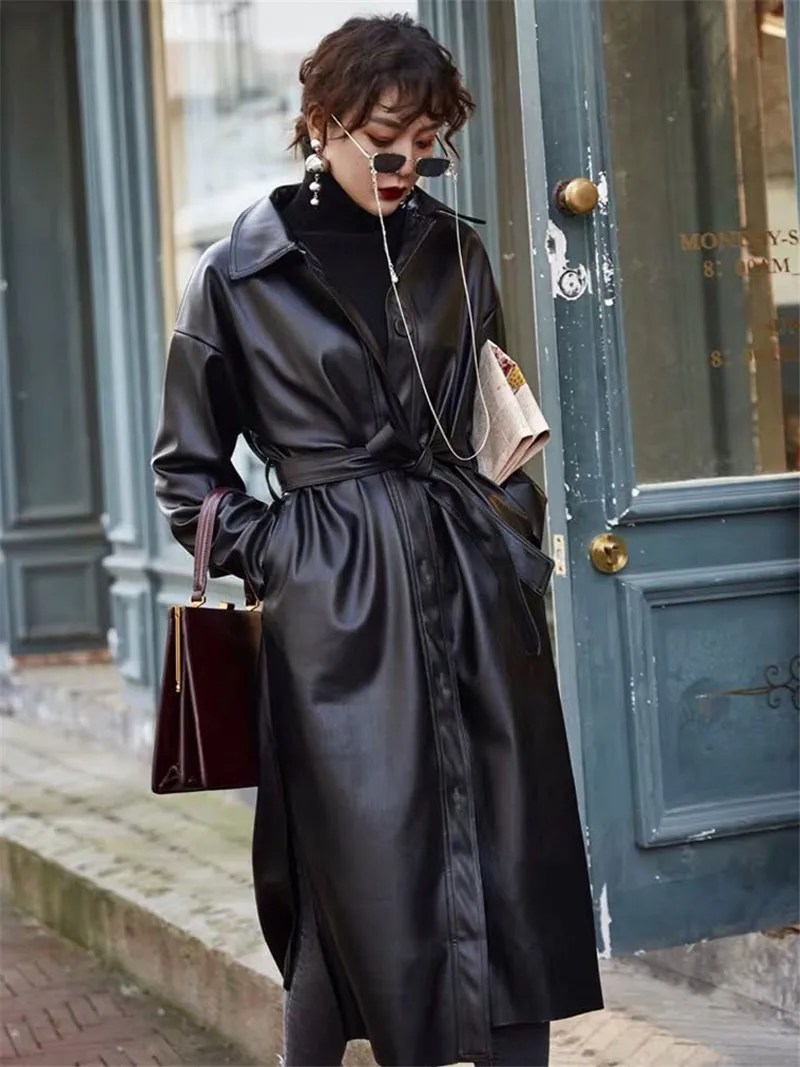 Осенняя черная длинная кожаная куртка, женское модное пальто, женская ветровка, однобортная Повседневная Верхняя одежда, черная, большой размер