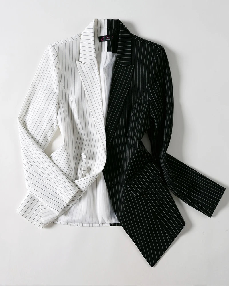 Модный женский черно-белый Асимметричный Полосатый брючный костюм офисный женский OL пиджак блейзер и брюки комплект из 2 предметов