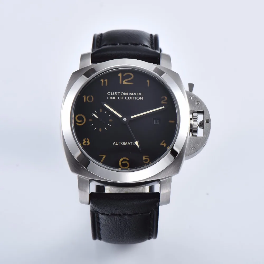

Watch 44mm silver stainless steel case seagull automatic movement military leather strap date