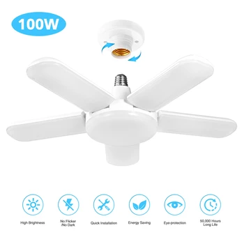 

E26/E27 LED Working Garage Light 5 Leaf Foldable Ceiling Light 100W 85-265V Adjustable Workshop Warehouse Industrial Lighting