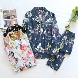 New Spring and Summer Ladies Pajamas Two-piece Viscose Long-sleeved Trousers Big Flower Cardigan Comfortable Home Service Set
