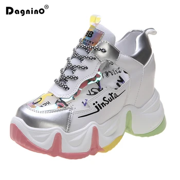 

2020 Women Platform Sneakers 8.5 CM Height Increasing Silver Chunky Casual Shoes Volcanized Shoes Women Colorful Wedge Pumps
