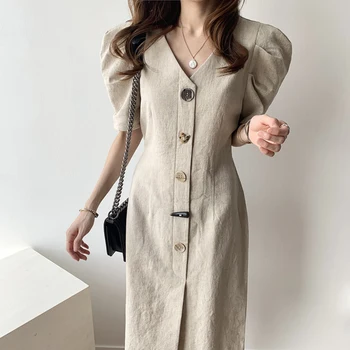

YAMDI short sleeve vintage elegant midi dress women party woman summer korean a-line dresses 2020 solid cotton linen single-brea