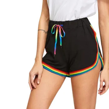 

Summer Road Shorts Women Elastic Waist Short Women All-match Loose Soft Cotton Casual Short Femme Rainbow Print Shinny Shorts