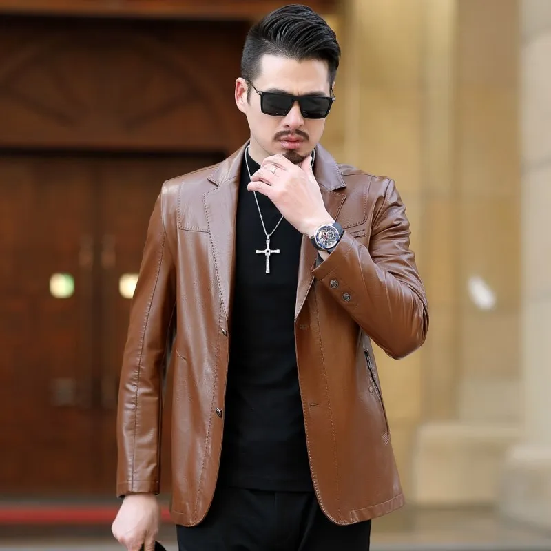 

Popular Brand Locomotive Leather Coat Middle-aged Autumn And Winter New Style Fashion Middle-aged MEN'S Coat Suit Collar MEN'S L