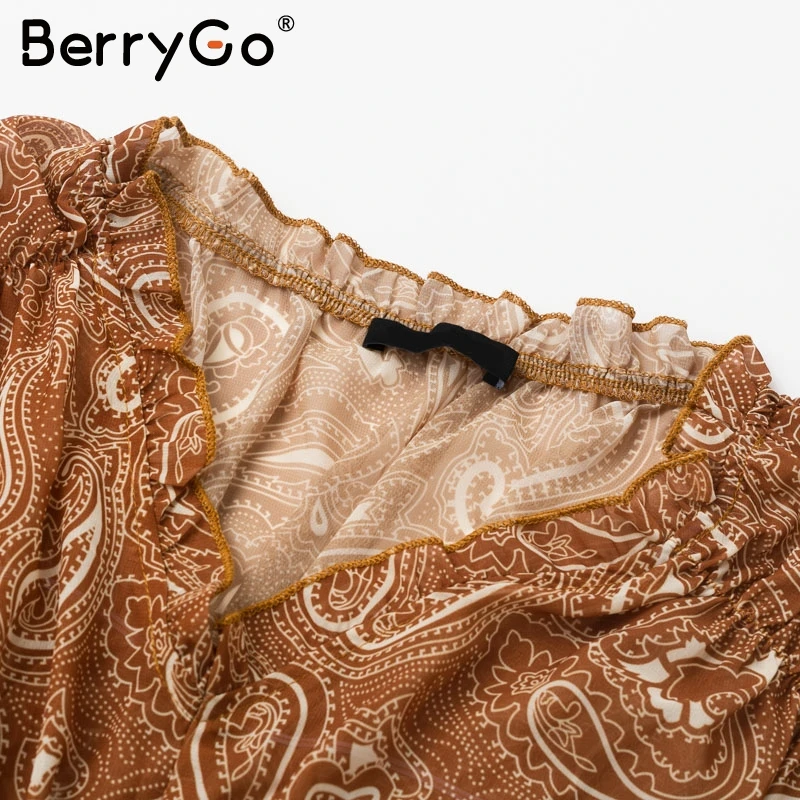 BerryGo/винтажная короткая шифоновая блузка для женщин с эластичной высокой талией, с оборками, женские топы, рубашка с буфами на рукавах, осенние женские блузки с принтом