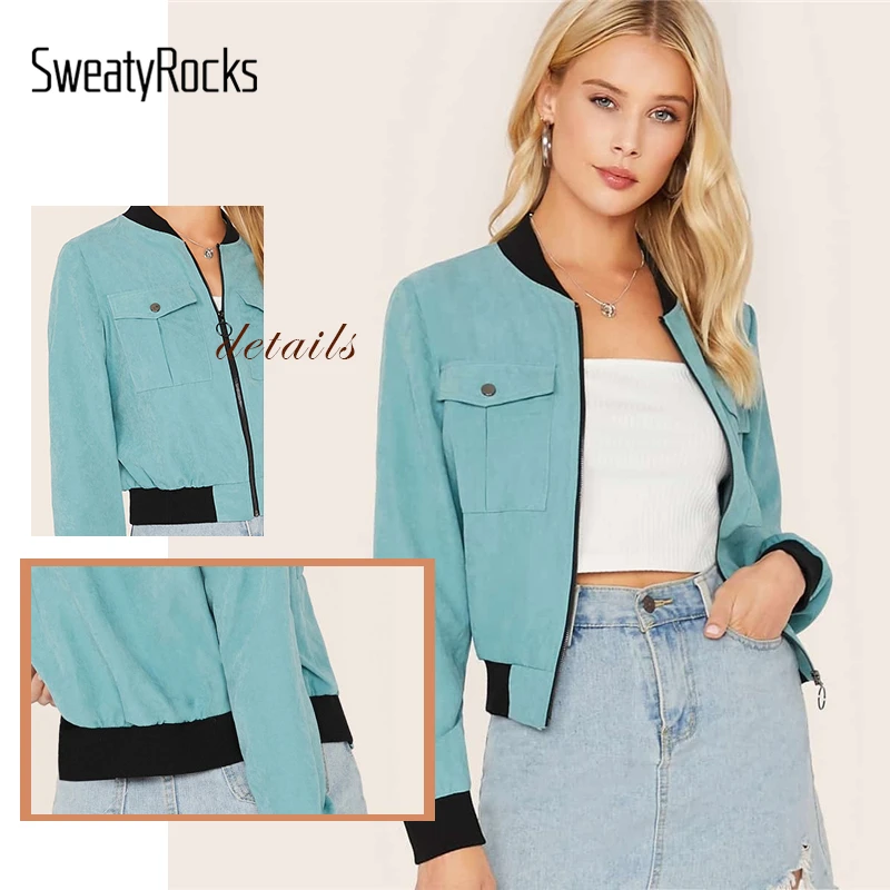 SweatyRocks зеленая молния с карманами, женская уличная куртка-бомбер сезон осень, со стоячим воротником, повседневная верхняя одежда