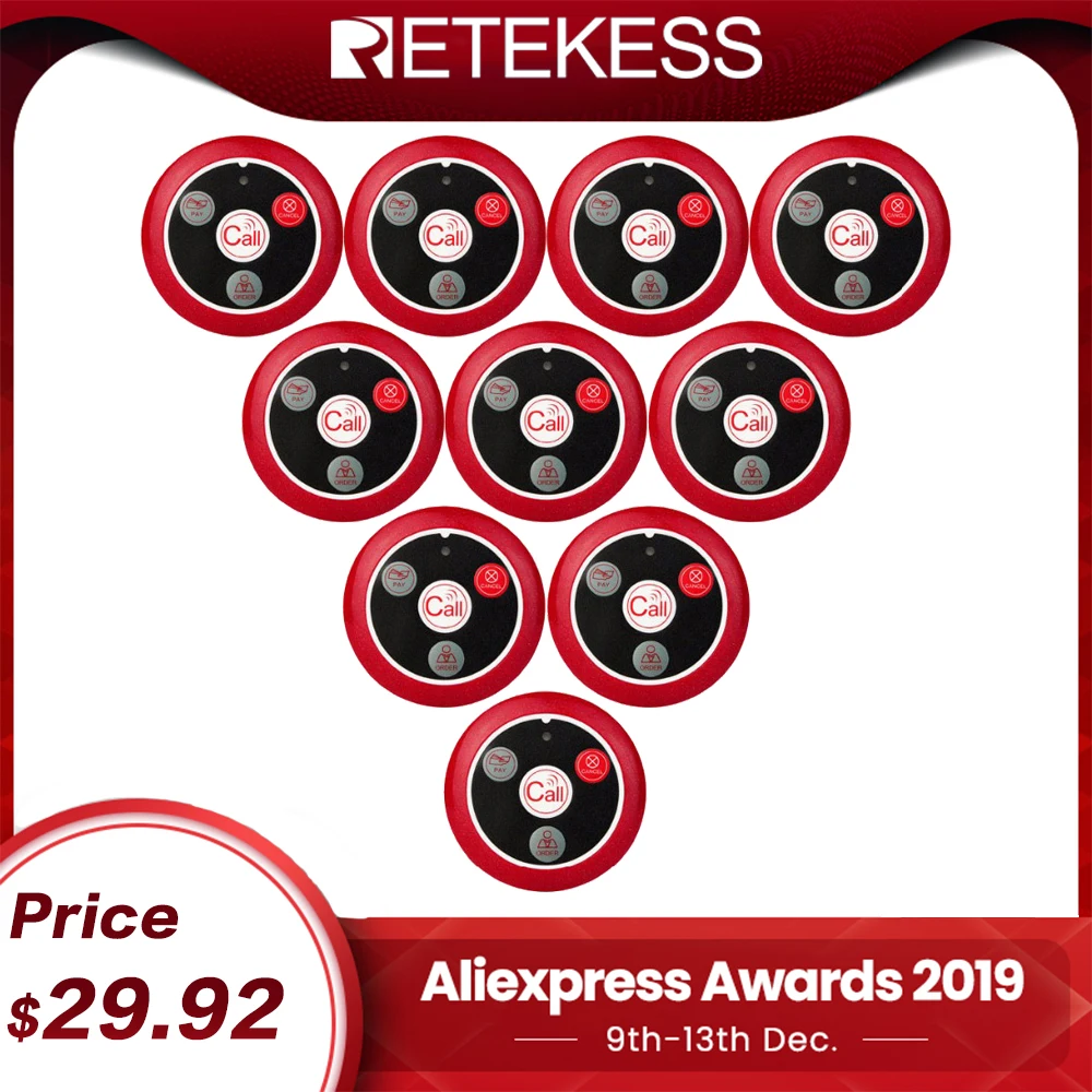 Economici 10pcs T117 433MHz Ristorante Pager Sistema di Chiamata Cameriere Senza Fili Pulsante di Chiamata Cercapersone A quattro chiave Ristorante Attrezzature di Ristorazione