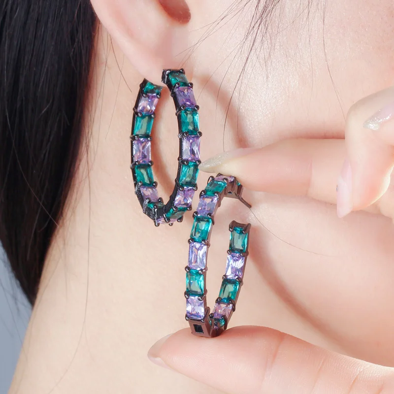 CWWZircons Luxury Designer Brazilian Black Gold Bamboo Big Circle Round Blue CZ Crystal Hoop Earrings Jewelry for Women CZ620