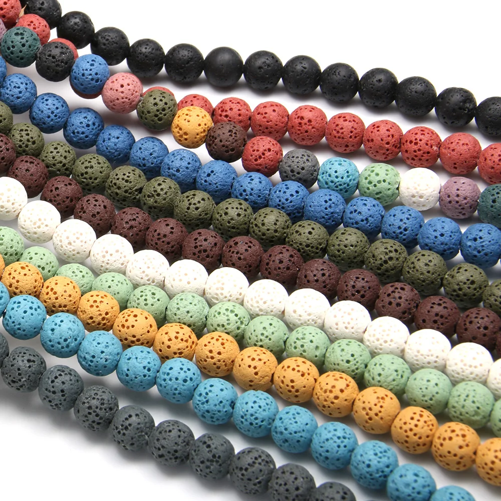 Natural Stone Volcanic Lava Beads Colorful Black Round Rock Lava Loose Beads For DIY Necklace